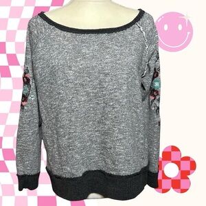 Knox Rose Gray and black Off-the-Shoulder Sweater with Floral Embroidery